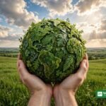 EN: Hands holding a green leaf globe — green ambassador climate action | UR: ہری پتیوں سے بنا گلوب تھامے ہاتھ — ماحولیاتی سفیر کی موسمیاتی کارروائی | DK: Hænder der holder en grøn blad-globus — grøn ambassadør klimahandling