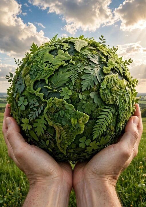 EN: Hands holding a green leaf globe — green ambassador climate action | UR: ہری پتیوں سے بنا گلوب تھامے ہاتھ — ماحولیاتی سفیر کی موسمیاتی کارروائی | DK: Hænder der holder en grøn blad-globus — grøn ambassadør klimahandling