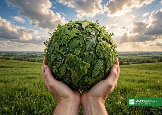 EN: Hands holding a green leaf globe — green ambassador climate action | UR: ہری پتیوں سے بنا گلوب تھامے ہاتھ — ماحولیاتی سفیر کی موسمیاتی کارروائی | DK: Hænder der holder en grøn blad-globus — grøn ambassadør klimahandling