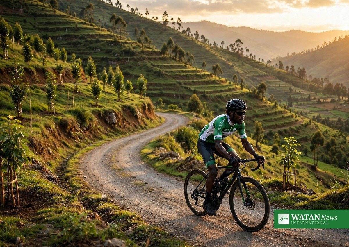 African cyclist riding through green terraced hills — green ambassador climate action