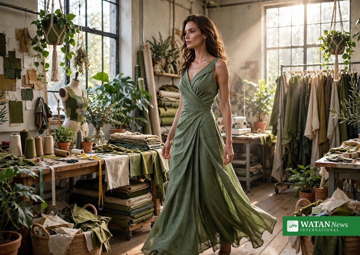 Sustainable fashion editorial: a model in an eco-friendly green gown in a plant-filled atelier — green ambassador climate action