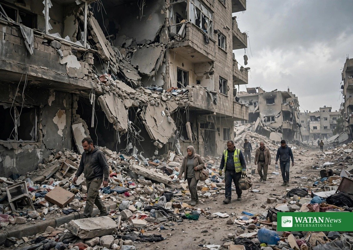 Damaged apartment building in Gaza City after an airstrike amid Gaza ceasefire violations.