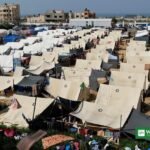 Displaced Palestinians' tents in Khan Younis, Gaza, amid renewed Israeli strikes