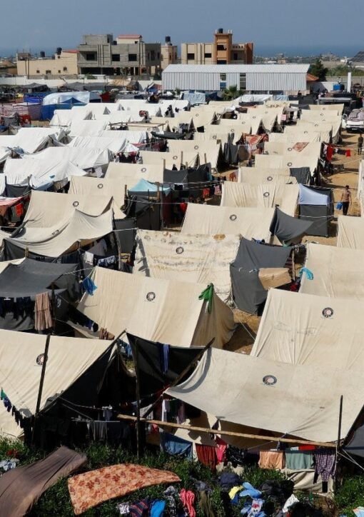 Displaced Palestinians' tents in Khan Younis, Gaza, amid renewed Israeli strikes