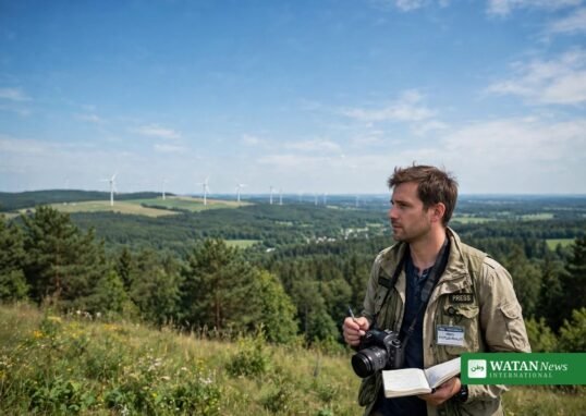 Photojournalist reporting on climate stories with wind turbines in the background — Informed Climate Journalism Network training programme
