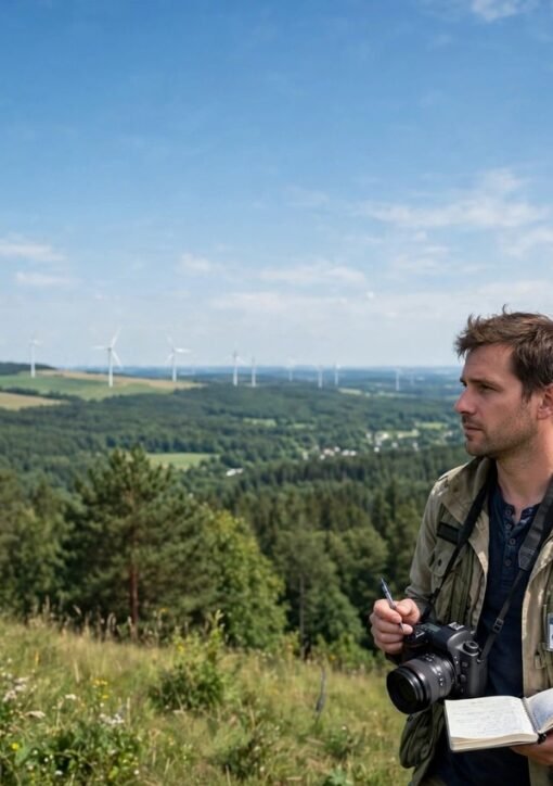 Fotojournalist dækker klimahistorier med vindmøller i baggrunden — Informed Climate Journalism Network træningsprogram