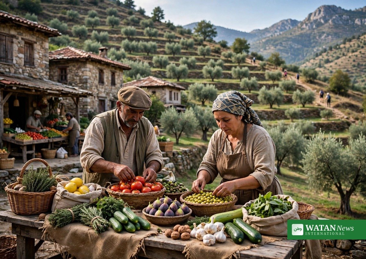 A mountain village agritourism scene with olive groves, stone houses and a local produce market