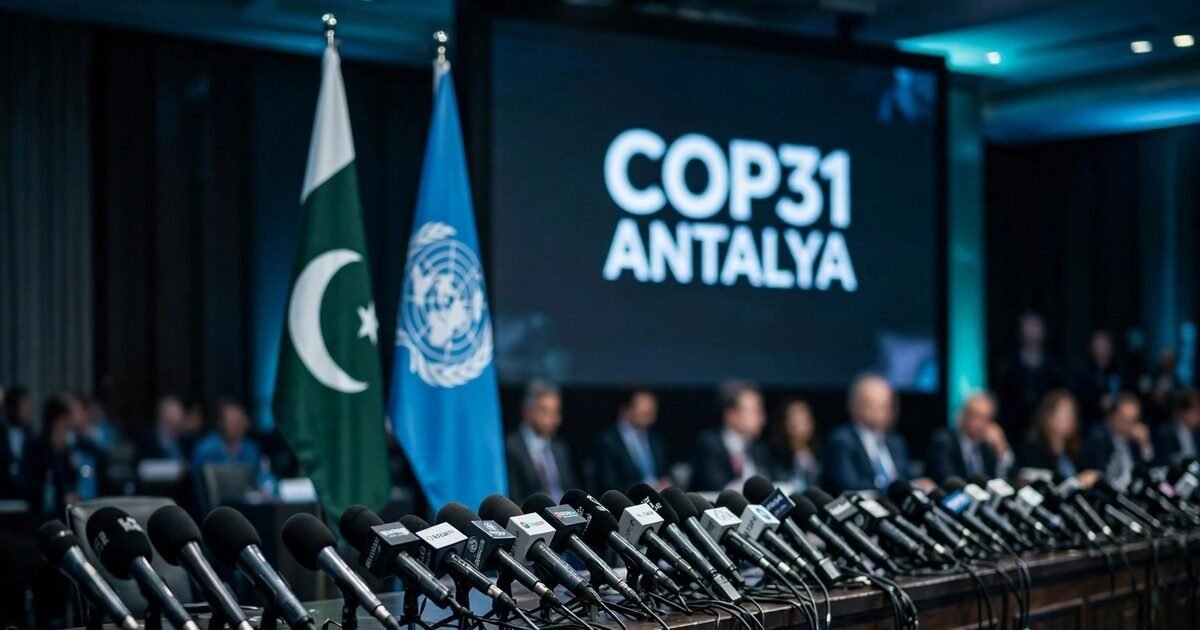 COP31 climate finance: UN Secretary-General António Guterres at an Islamabad press conference with Pakistani and UN flags ahead of COP31 in Antalya
