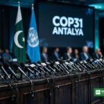 COP31 klimafinansiering: pressemøde med Pakistans og FN's flag før COP31 i Antalya