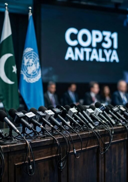 COP31 klimafinansiering: pressemøde med Pakistans og FN's flag før COP31 i Antalya