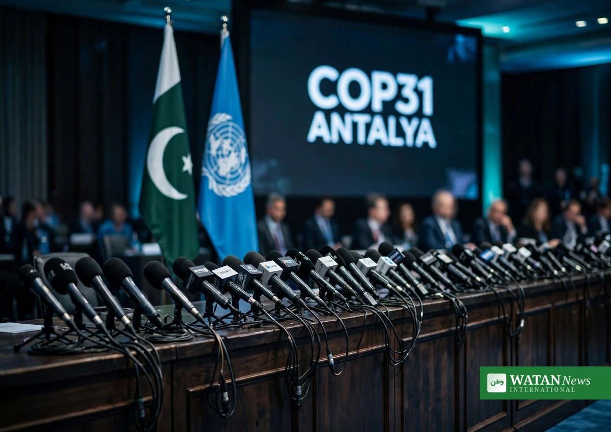 COP31 klimafinansiering: pressemøde med Pakistans og FN's flag før COP31 i Antalya