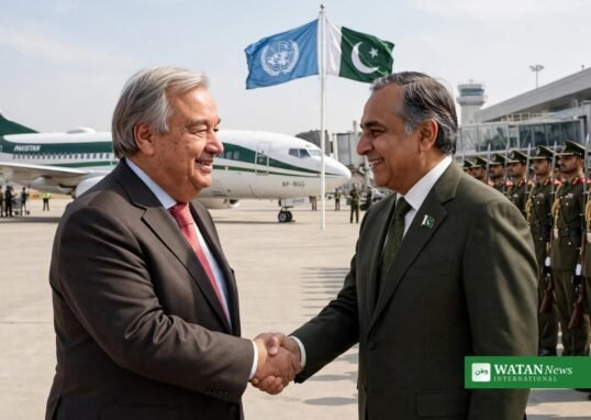 UN Secretary-General Antonio Guterres shaking hands with a Pakistani official at Islamabad airport on arrival for the Guterres Pakistan visit, October 6 2026