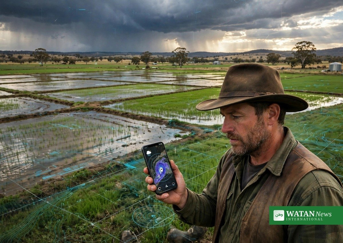 Farmer receiving satellite flood alerts from winning youth climate hackathon project Draki