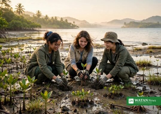 Irene Dankelman Young Ecofeminist Award winners planting mangrove seedlings