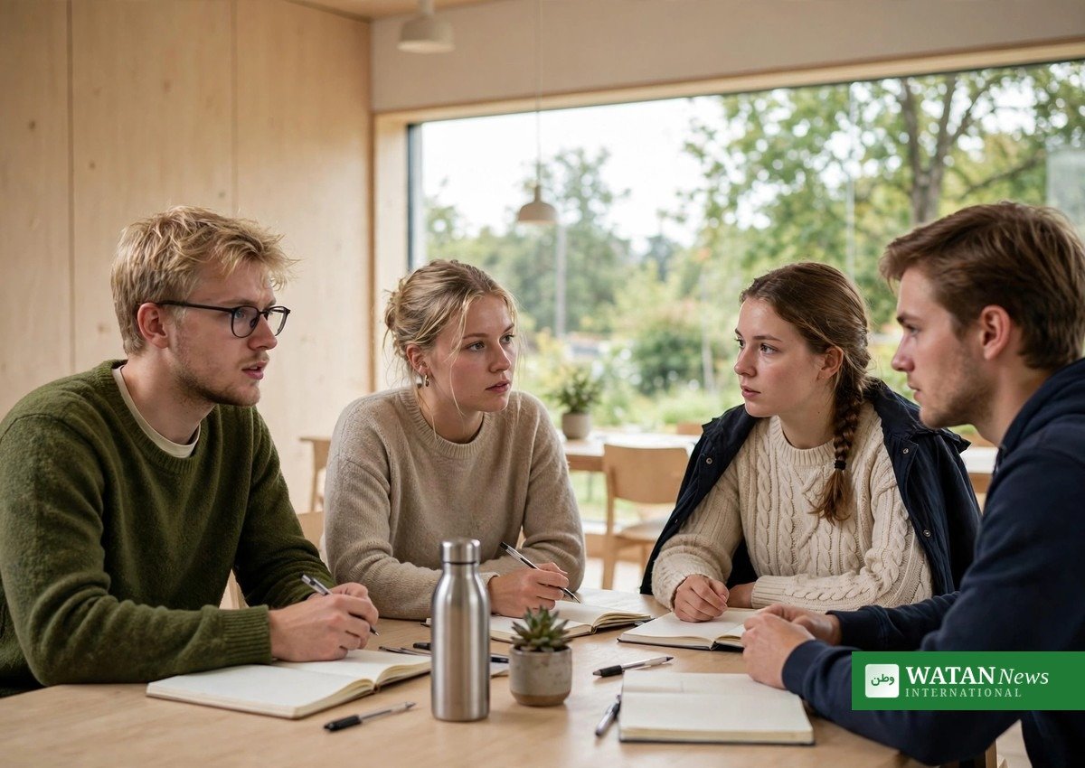 Unges krav om biodiversitetshandling: unge klimaaktivister med grønt banner ved internationalt ungdomstopmøde