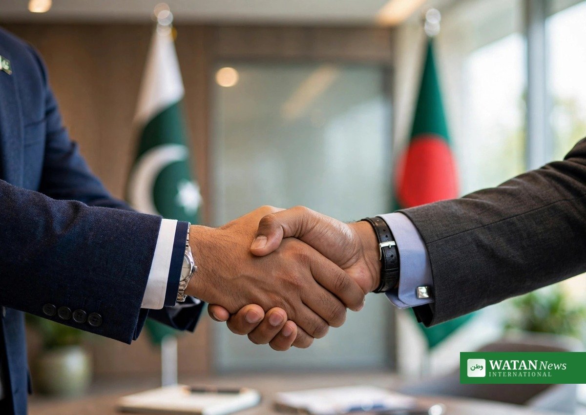 Imran Haider's handshake with a Bangladeshi official symbolizing stronger Pakistan-Bangladesh economic cooperation