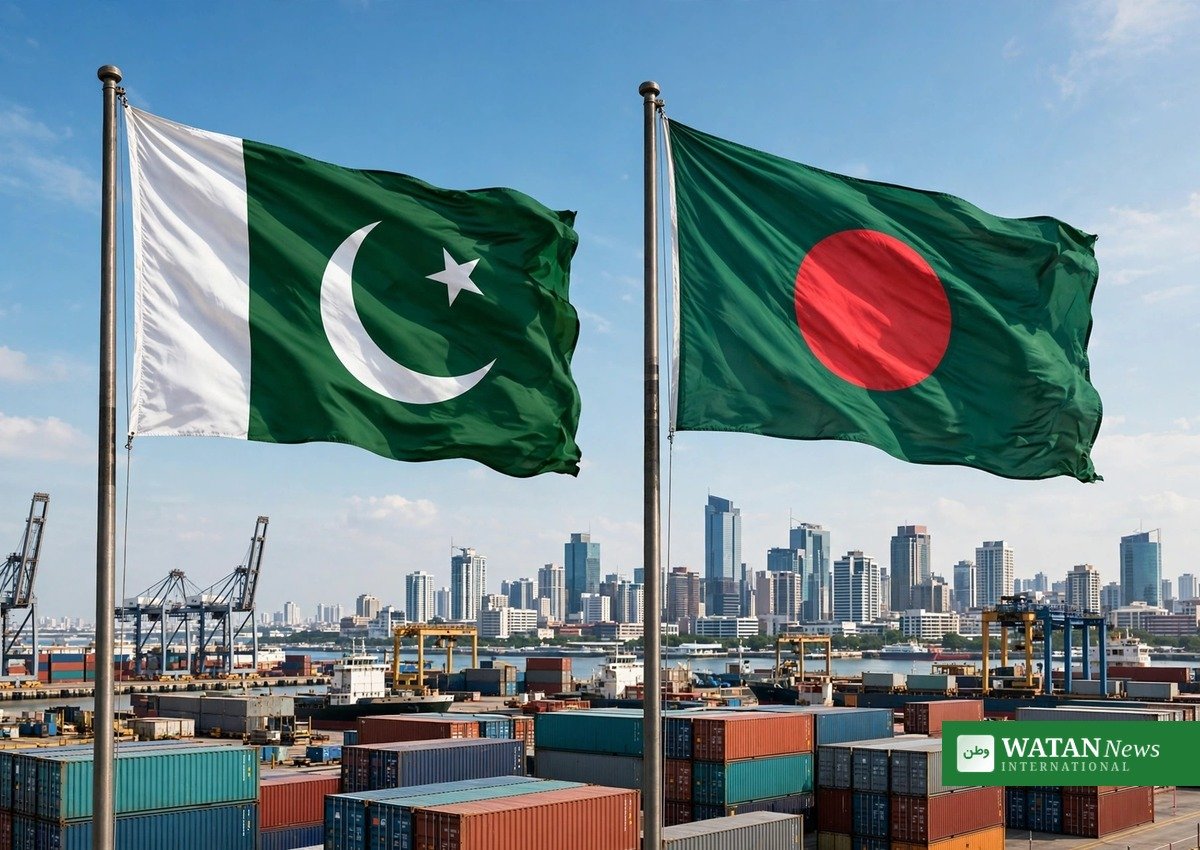 Flags of Pakistan and Bangladesh flying over a container port as Imran Haider pushes for stronger bilateral trade