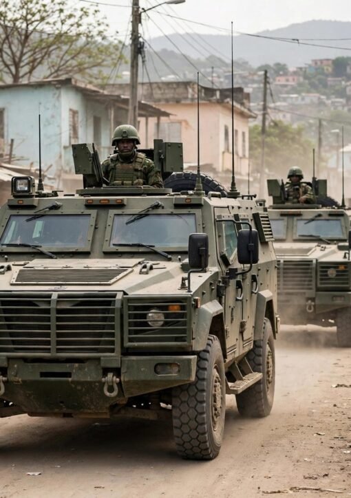Salvadoran soldiers on patrol with armoured vehicles in Haiti