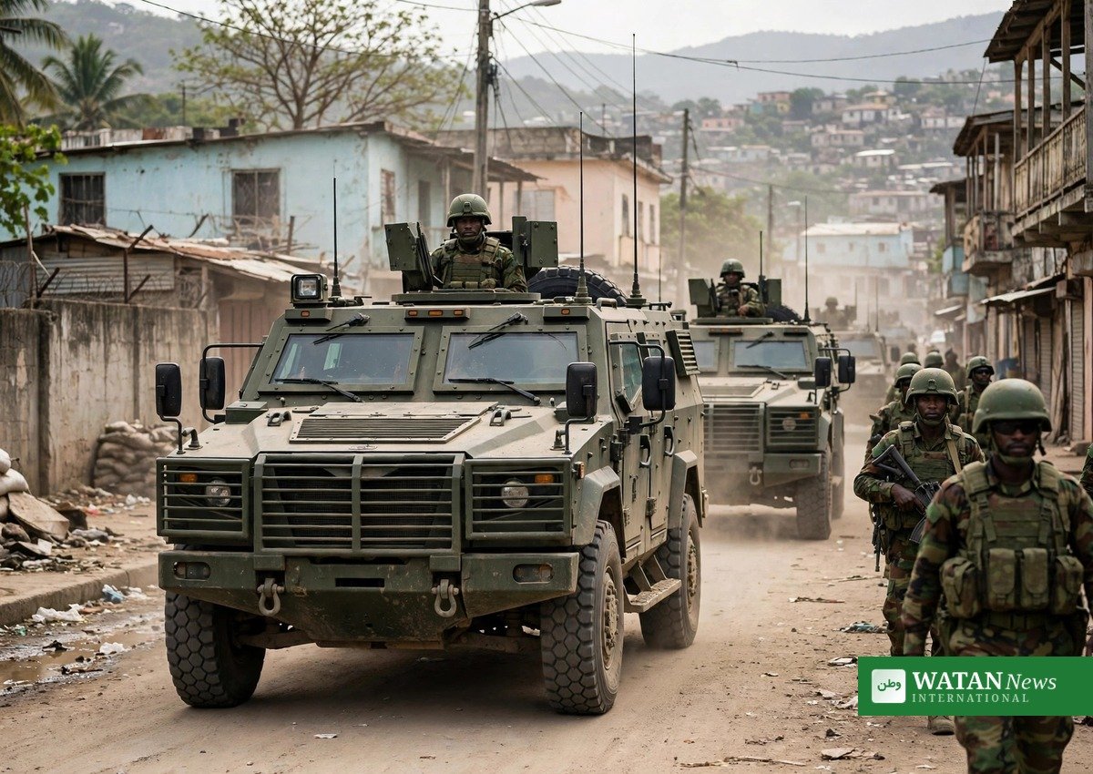 Salvadoran soldiers on patrol with armoured vehicles in Haiti