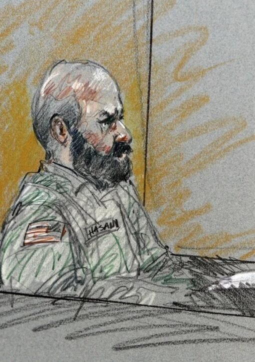 Courtroom sketch of Nidal Hasan, the Fort Hood shooter facing execution by firing squad