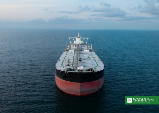 Oil tanker at sea in the Strait of Hormuz, where two commercial ships were struck by projectiles