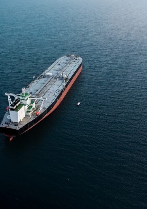 Aerial view of an oil tanker transiting the Strait of Hormuz where three tankers were struck by unknown projectiles