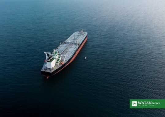 Aerial view of an oil tanker transiting the Strait of Hormuz where three tankers were struck by unknown projectiles