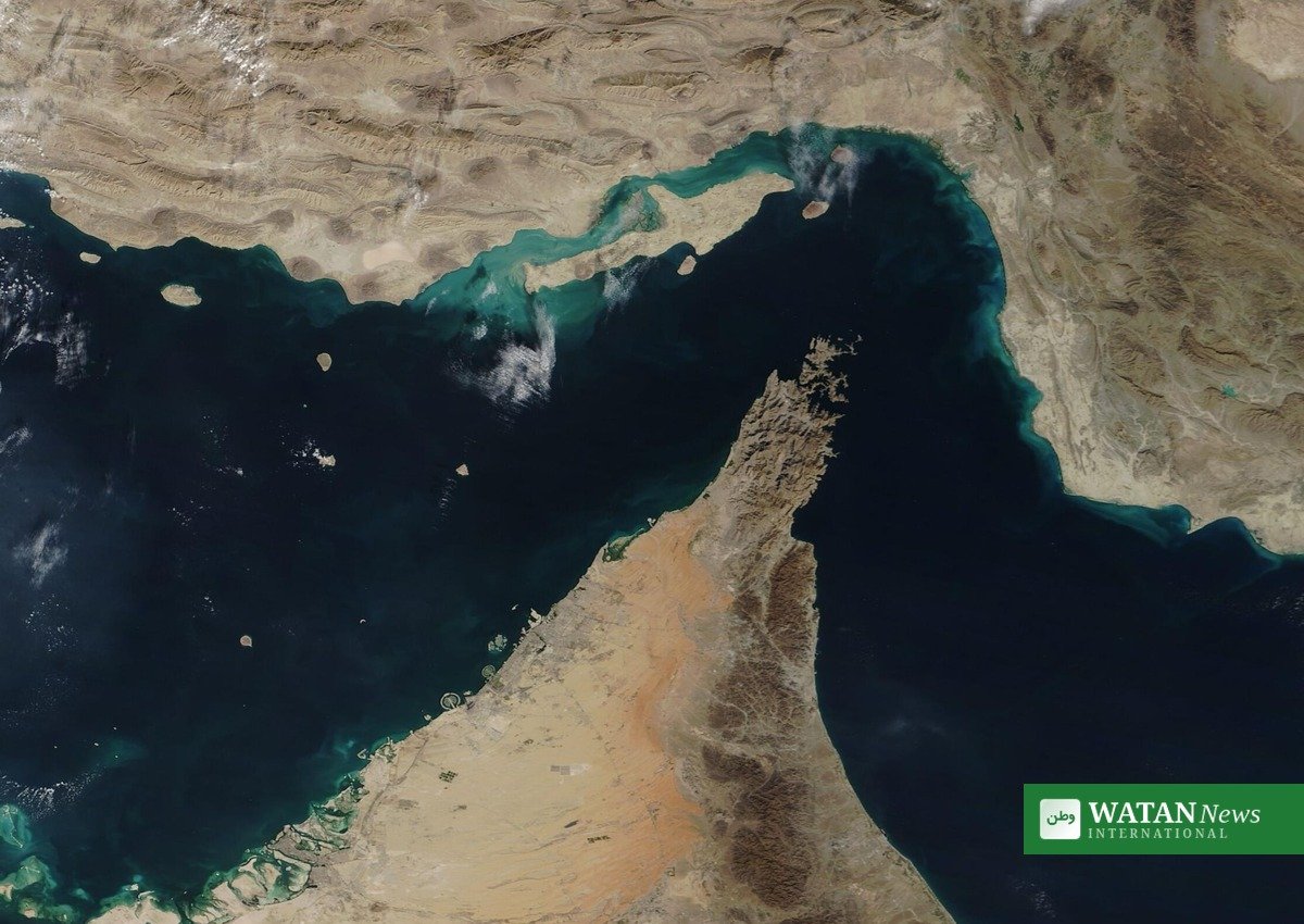 Satellite view of the Strait of Hormuz — location of the Hormuz tanker fire