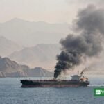 آبنائے ہرمز میں دھوئیں کے ساتھ سمندر میں جہاز