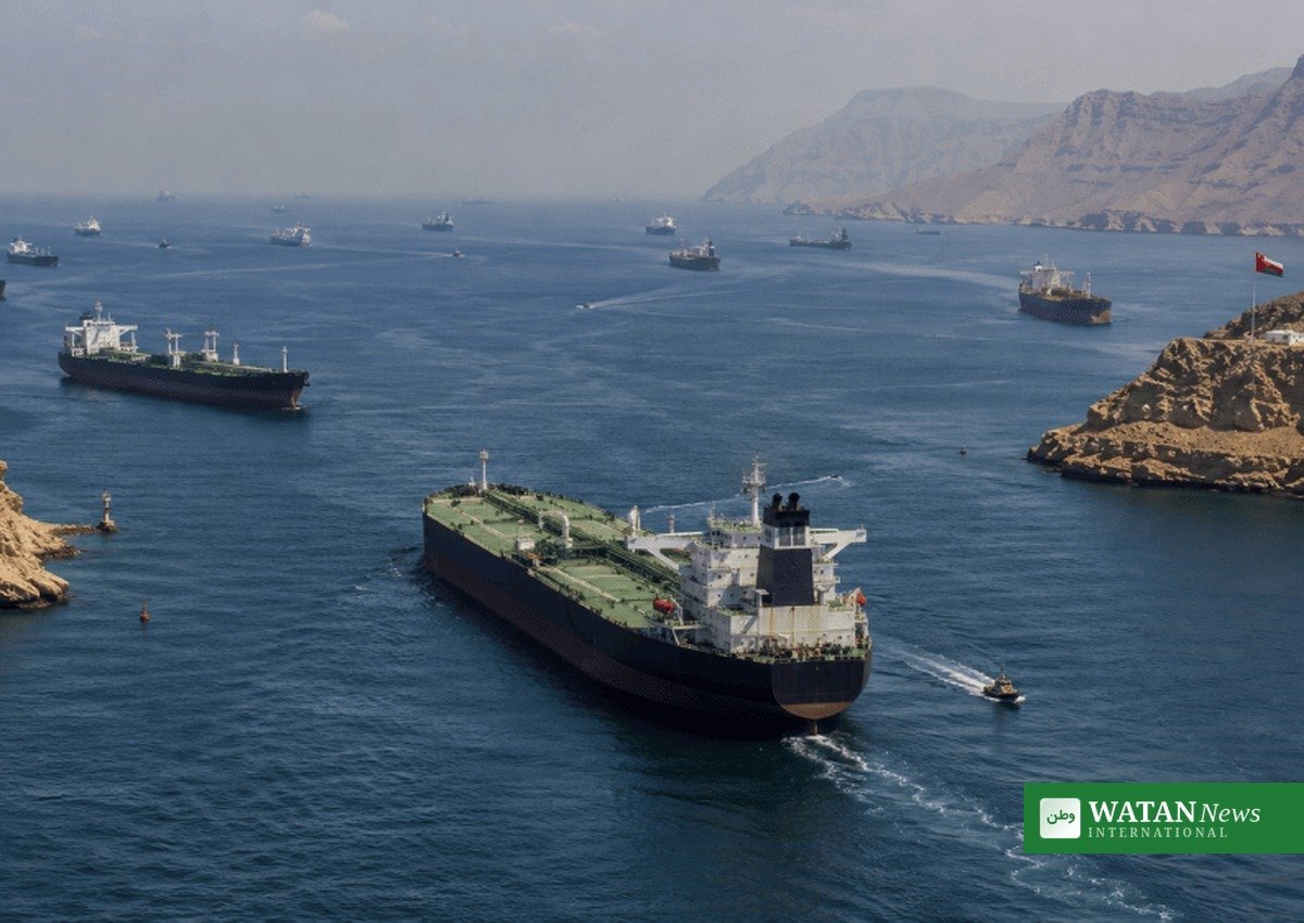 Oil tankers near the Strait of Hormuz after two vessels were struck by unidentified projectiles