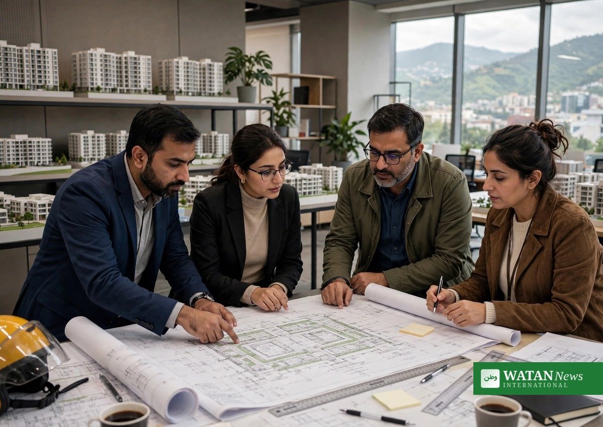 Urban planners reviewing housing development plans for the National Housing Policy 2025