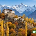 Hunza autumn — Baltit Fort above golden poplar trees