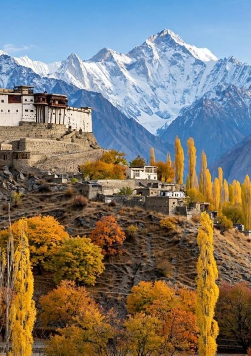 Hunza autumn — Baltit Fort above golden poplar trees