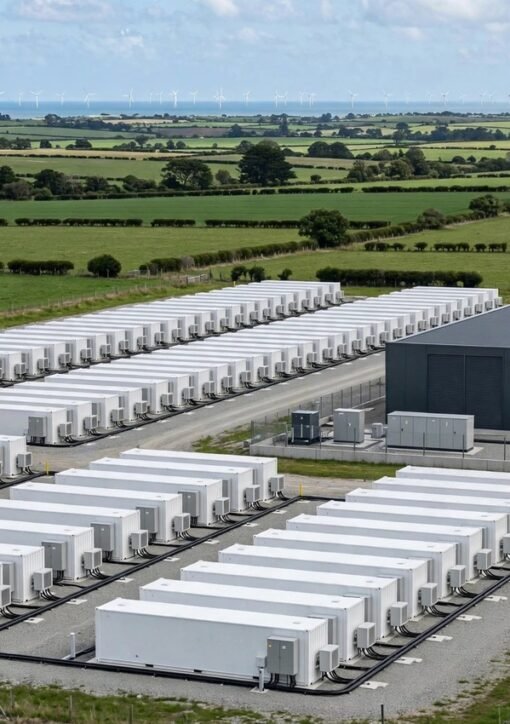 Iceni batterilager med rækker af battericontainere ved Hornsea 3's konverterstation