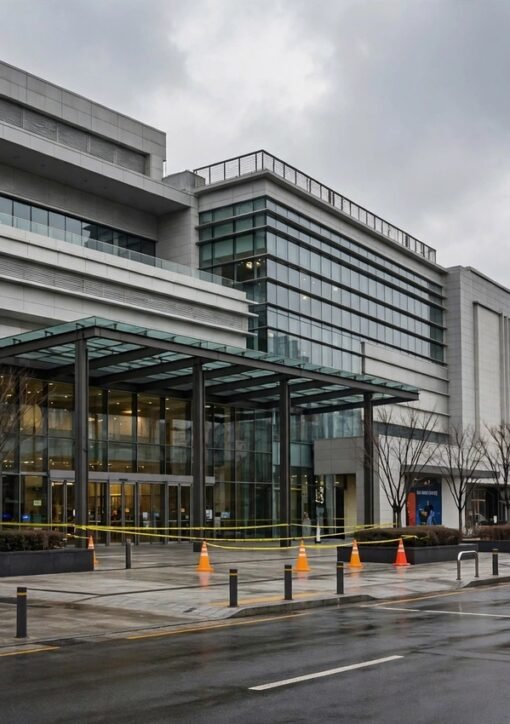 Police cordon outside Incheon shopping complex after stabbing attack that injured 10