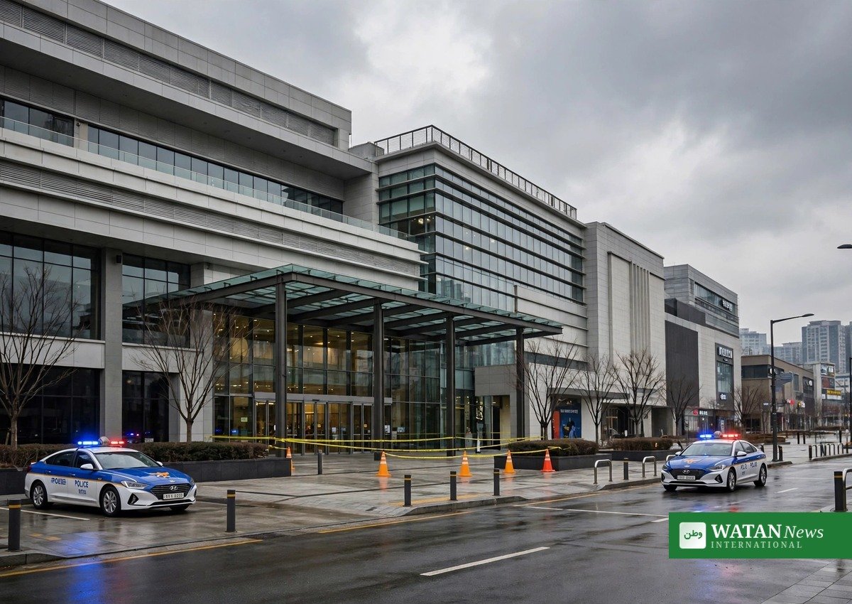 Police cordon outside Incheon shopping complex after stabbing attack that injured 10
