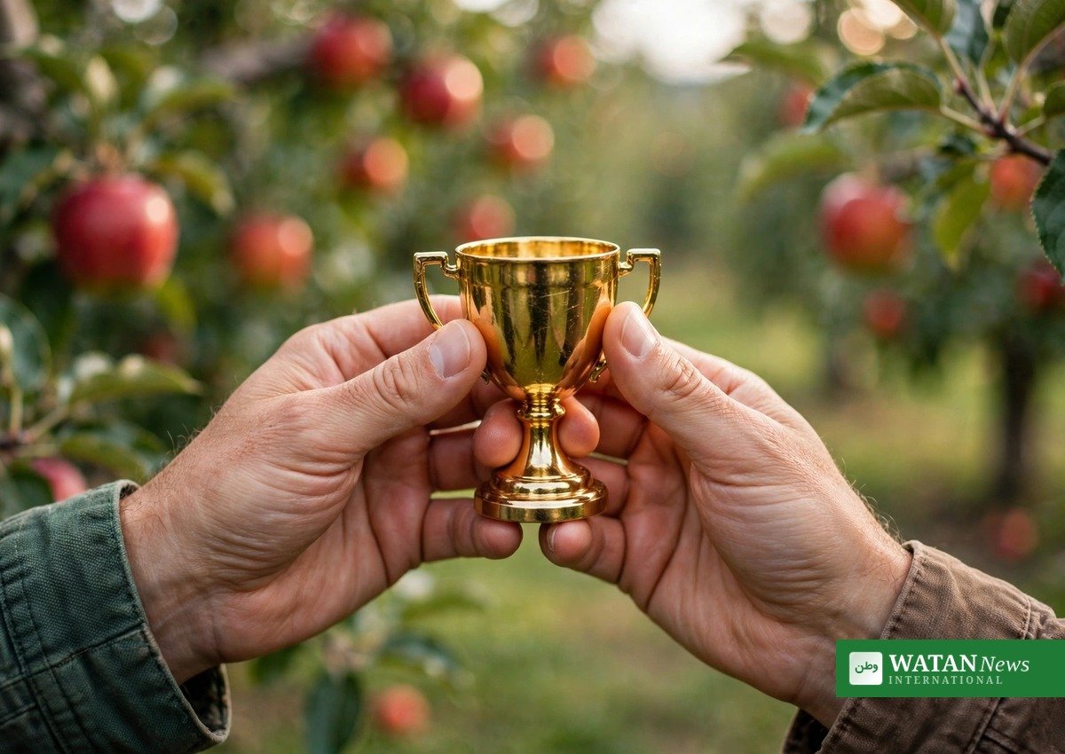 Climate Champion of the Year award trophy held in a Worldwide Fruit apple orchard