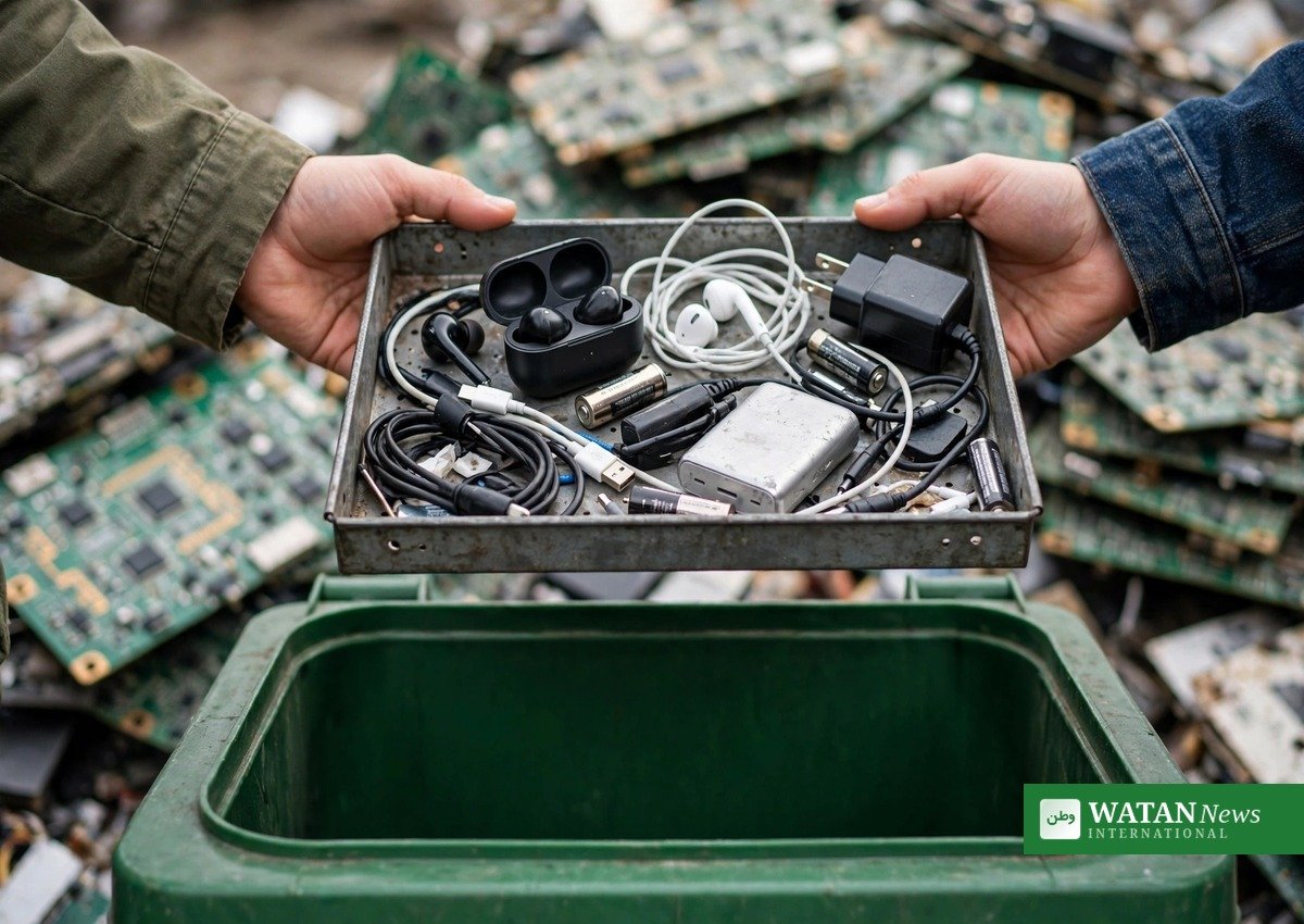 E-waste dag 2026: hænder sorterer små fast-tech-elektronik til genanvendelse