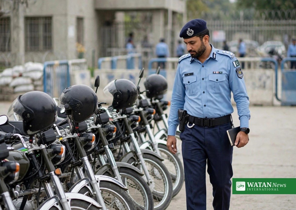 Recovered stolen motorcycles lined up at an Islamabad police station after ICT Police arrested two alleged Sheru Gang members