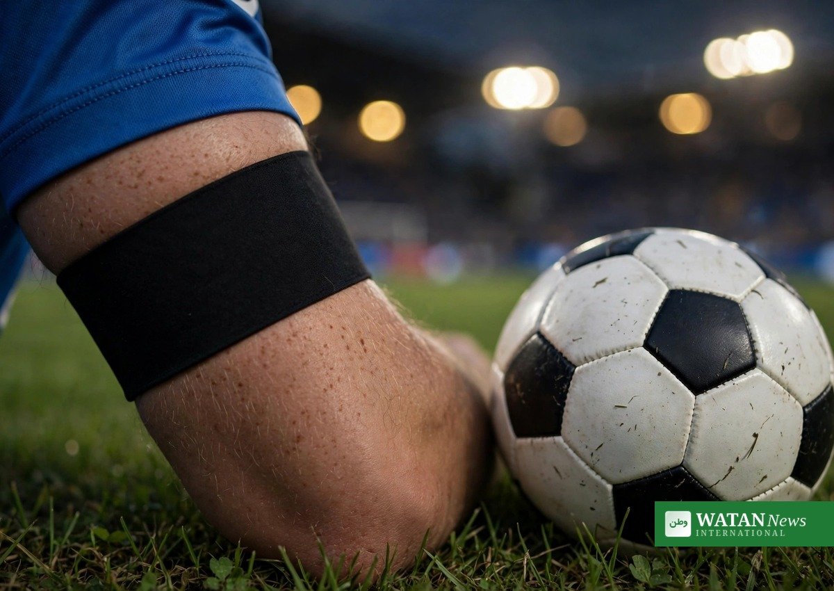 Israel sorte armbind — nærbillede af et sort sørgebind på en spillers arm ved siden af en fodbold