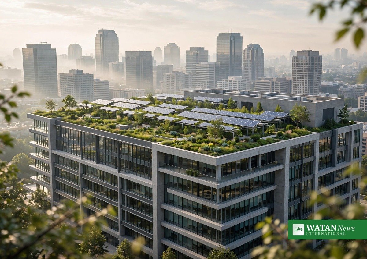 Corporate headquarters with rooftop garden and solar panels — 728 companies commit to net zero by 2040