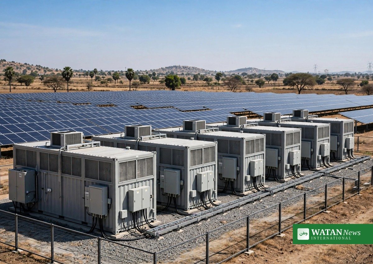 Containerized battery storage at a solar farm — 200 MWh of storage backs the Karnataka project's 24/7 renewable power goal