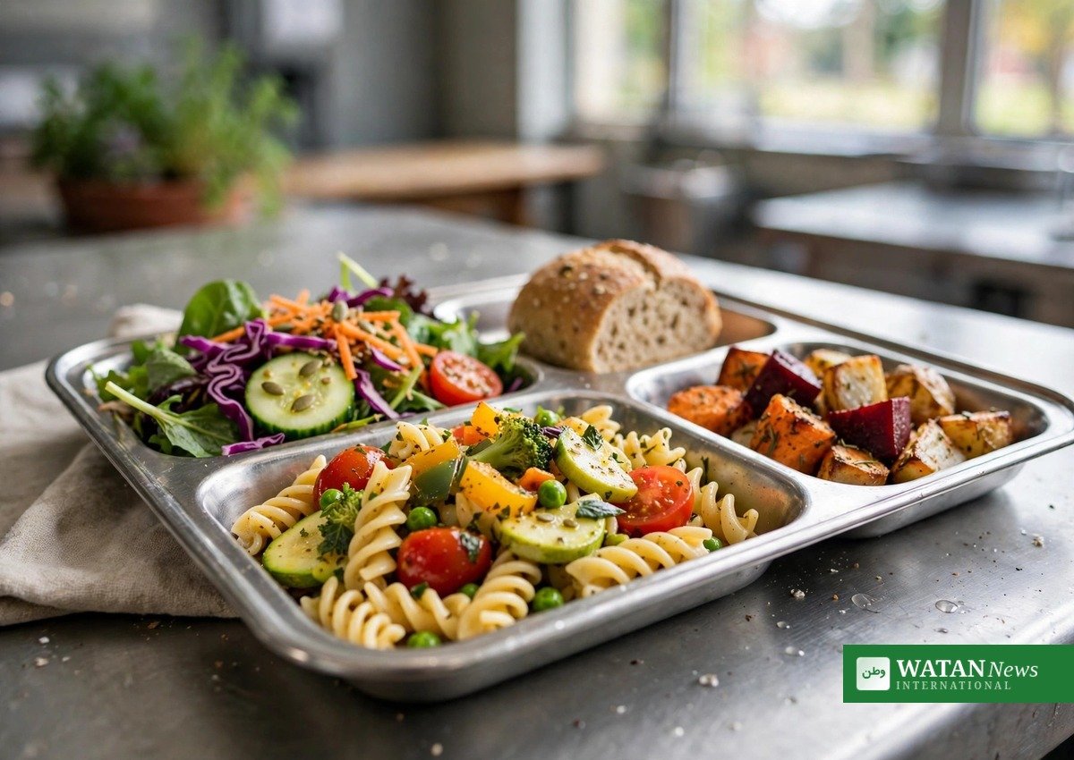 A colourful vegetarian school lunch tray — the study suggests recipe reformulation can cut the climate footprint while keeping meals popular with students