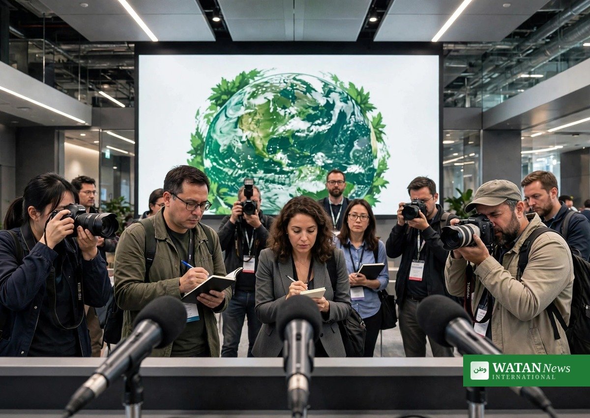 Journalister og fotografer ved en klimakonference-briefing, Covering Climate Now journalistpriser 2026