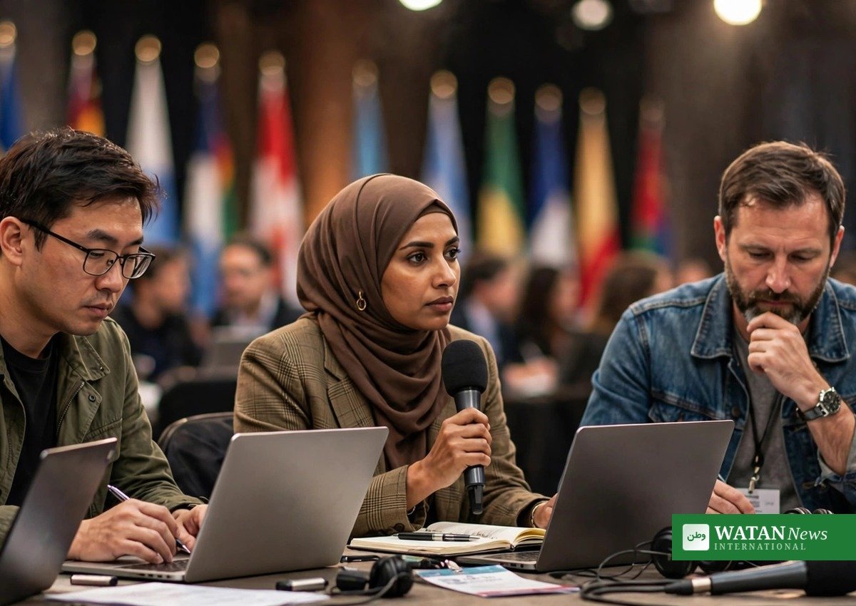 Journalists with microphones and laptops at an international climate and health conference press session