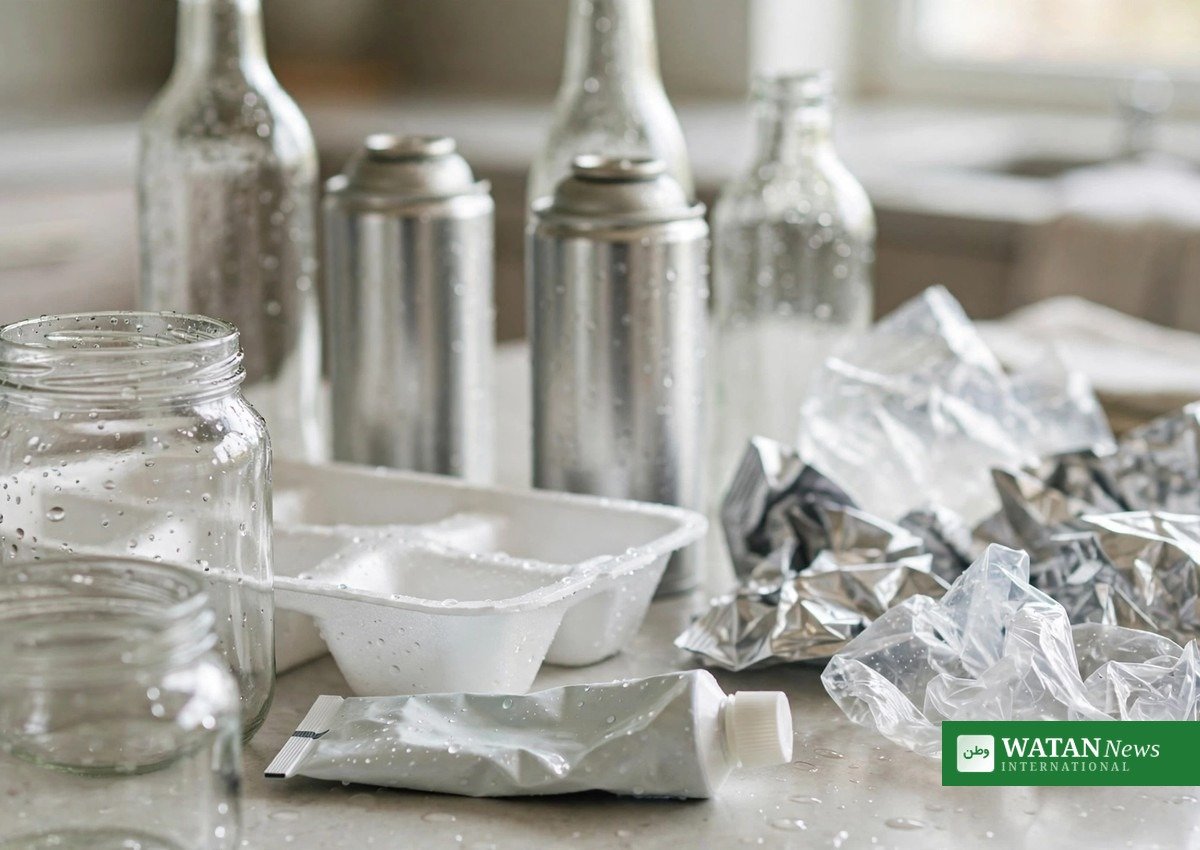 Newly accepted recyclable household packaging — glass bottles, aerosol cans, foam trays, plastic wrappers and tubes
