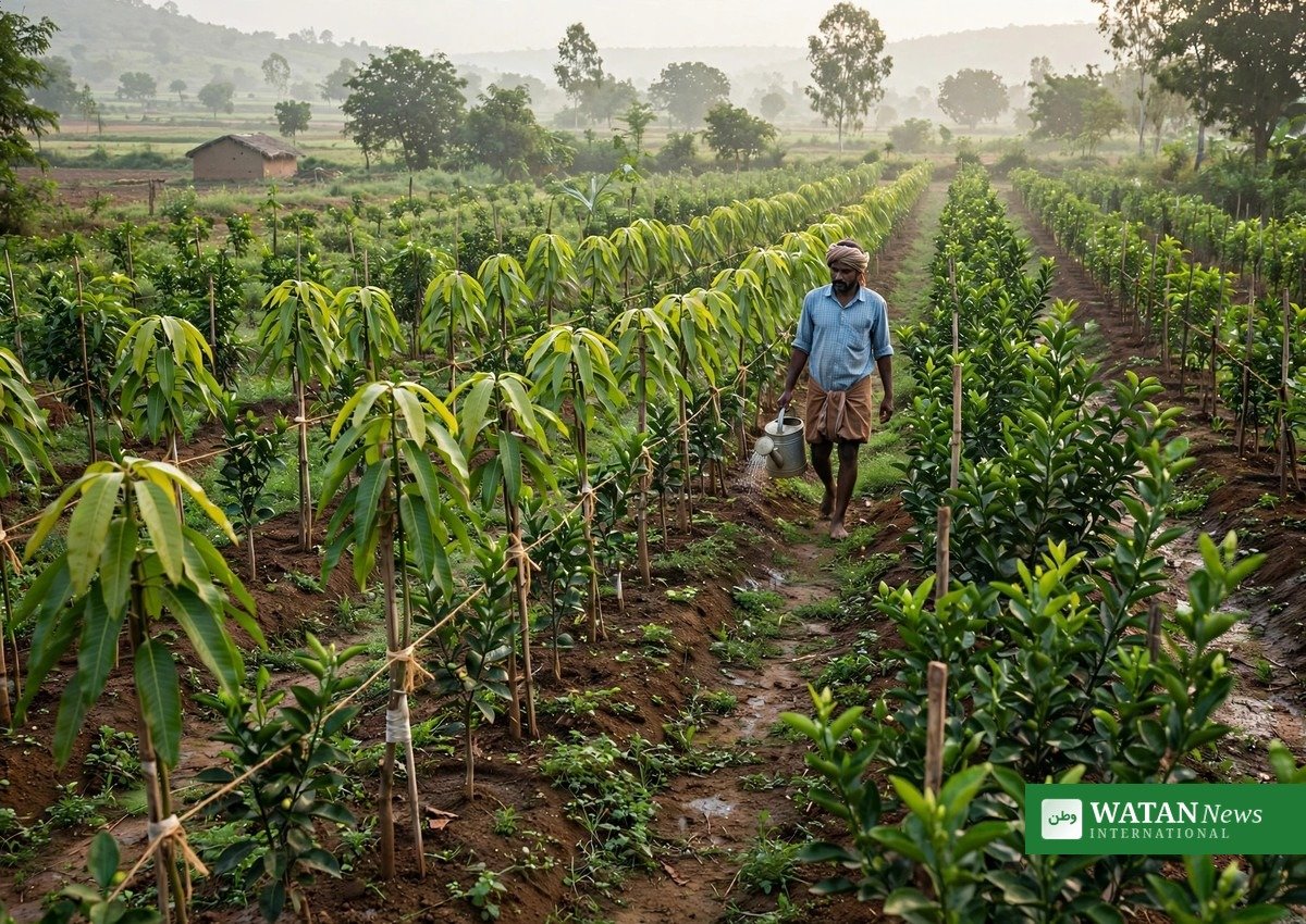Rows of young fruit tree saplings in a Maharashtra orchard nursery watered by a farmer
