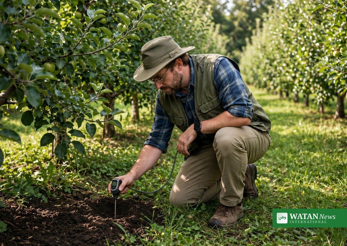 Agronom måler jordsundhed i Worldwide Fruit climate champion plantage
