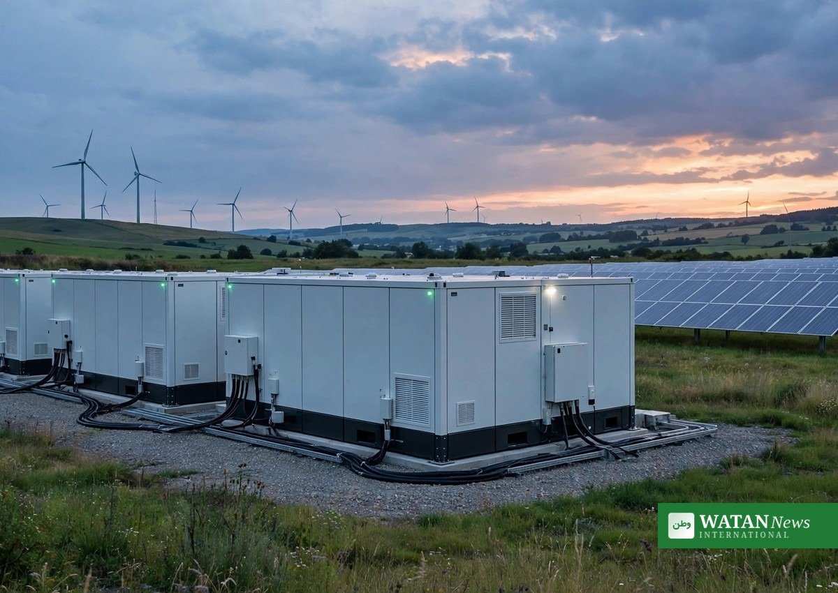 Baltic battery storage containers beside solar panels and wind turbines at dusk