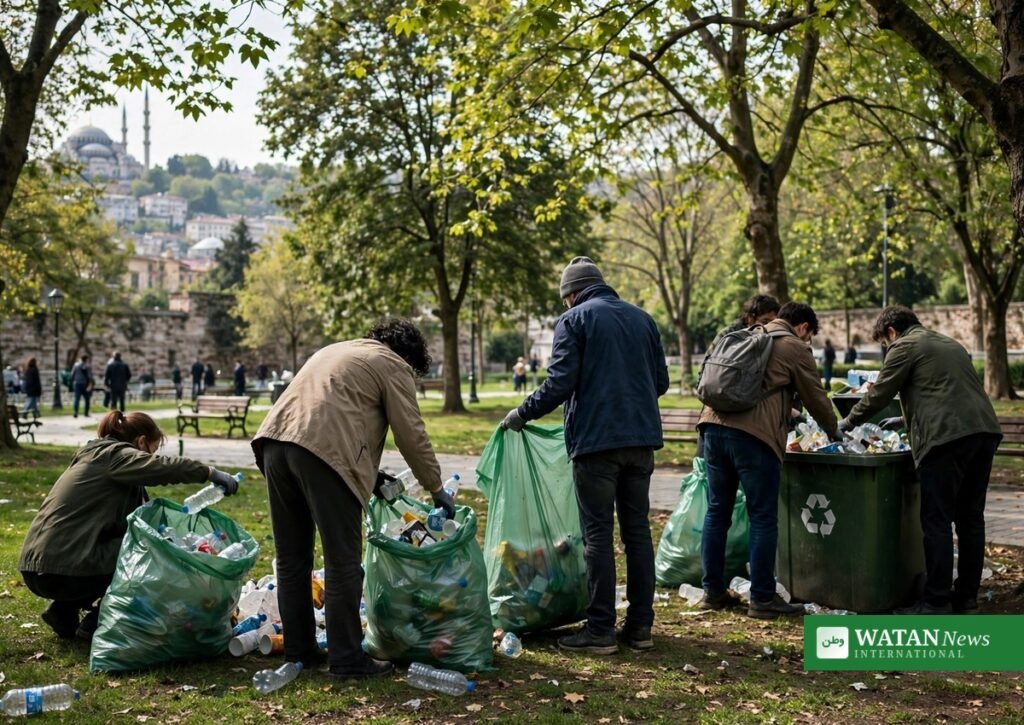 Frivillige indsamler plastikaffald i en park i Istanbul til zero waste-genanvendelse